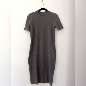 Oak + Fort grey ribbed knit mock neck short sleeve midi length dress XS